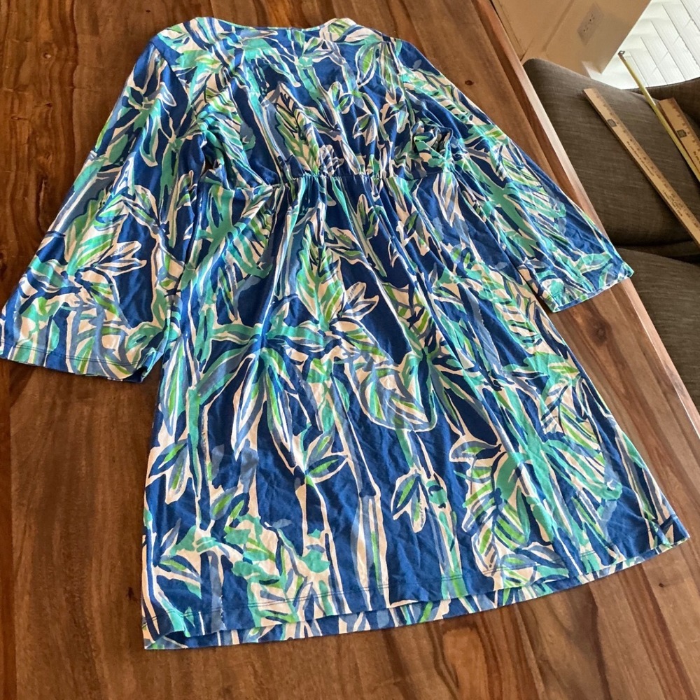 Lilly Pulitzer Renata Tunic Dress L Blue Tropical Palm Print Long Sleeve V Neck - Picture 9 of 9